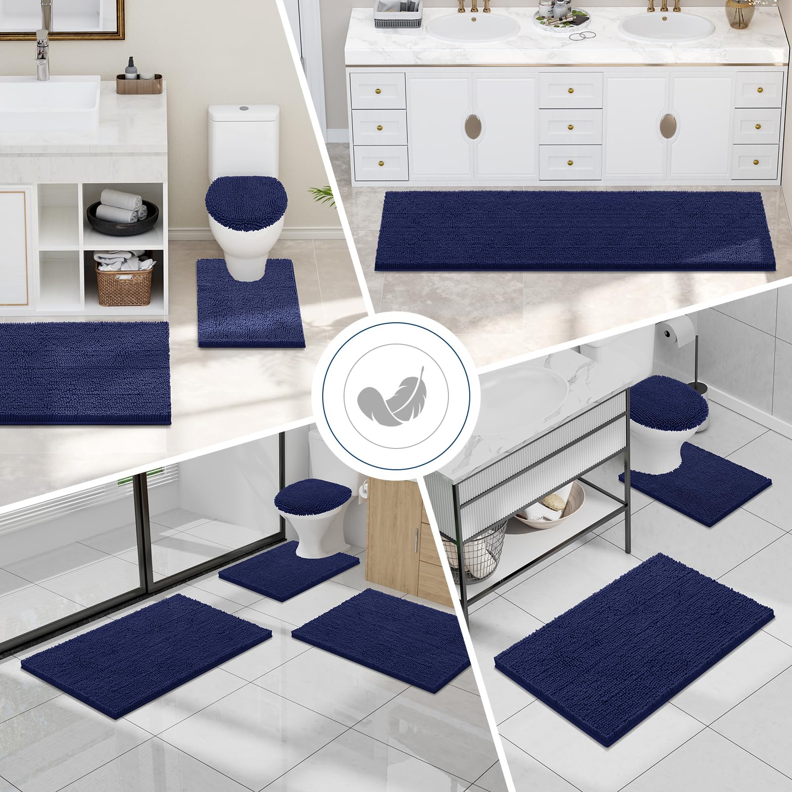 Smiry Bathroom Rugs Sets 2 Piece, Soft Absorbent Chenille Bath Rug Set, Non Slip Machine Washable Shaggy Bath Mats for Tub, Shower, and Floor (30x20+24x16, Navy blue)