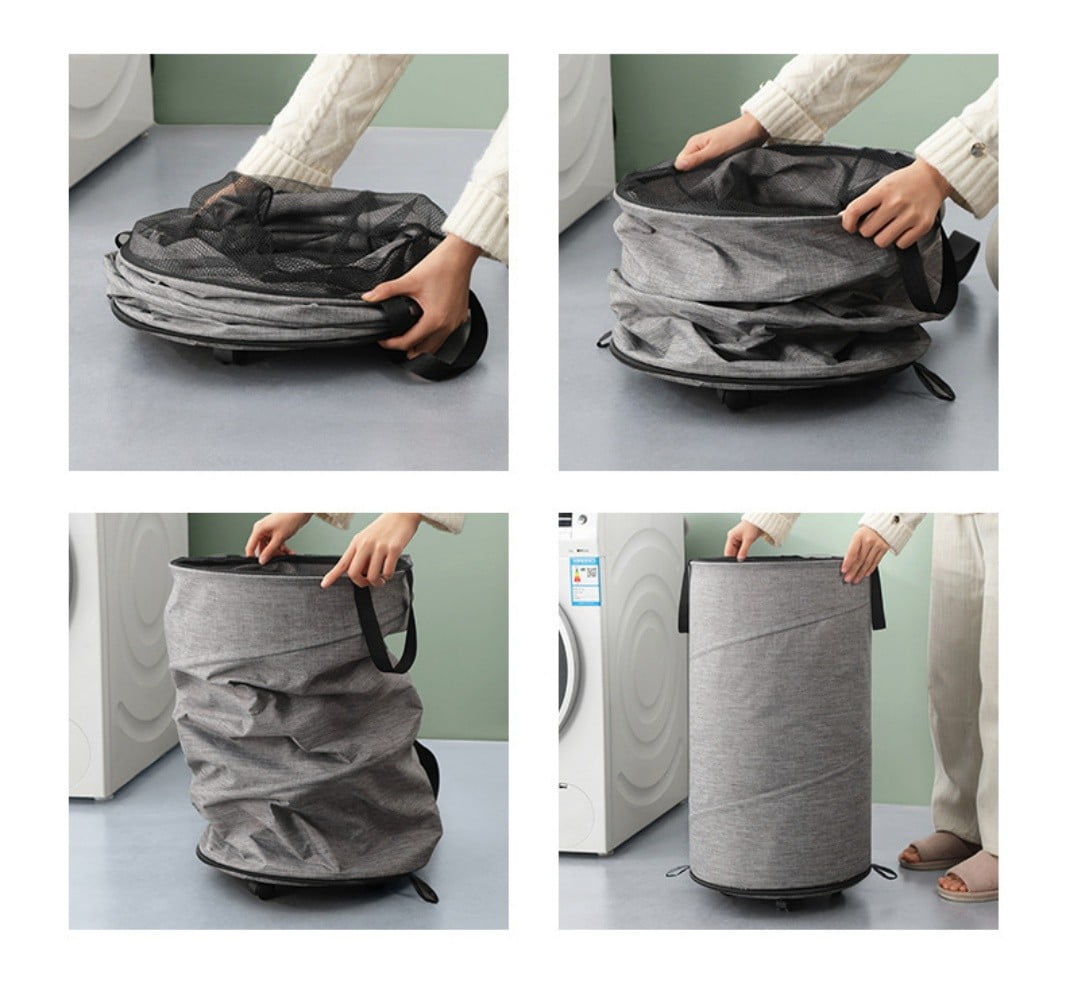 Rolling Laundry Hamper with Wheels, 75L Round Collapsible Oxford Fabric Laundry Basket, Gray