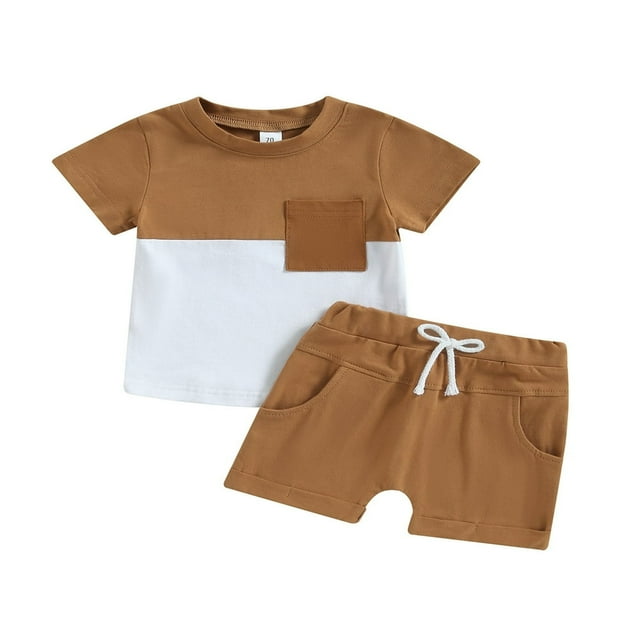 Toddler Boys Summer Outfit Sets Short Sleeve Contrast Color Tops + Baby Boys Solid Color Drawstring Shorts Set Black 0-6 Months