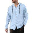 thumbnail image 2 of Hearthz Linen Hooded Mens Shirts Casual Button Down Long Sleeve Mens Hoodie Drawstring Lightweight Beach Mens Sweatshirt Light Blue XL, 2 of 10
