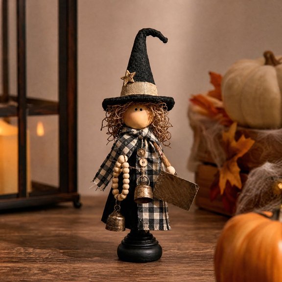 Fall Witch Figurines Set of 3, Halloween Witch Statues with Pumpkin Plaid Outfit, Tabletop Decor for Mantel Shelf Thanksgiving