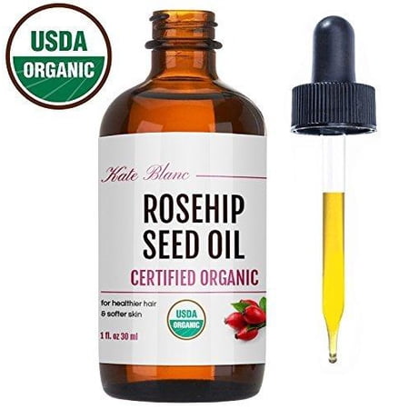 Rosehip Seed Oil by Kate Blanc. USDA Certified Organic  100% Pure  Cold Pressed  Unrefined. Reduce Acne Scars. Essential Oil for Face  Nails  Hair  Skin. Therapeutic AAA+ Grade (1 oz) 1 Fl