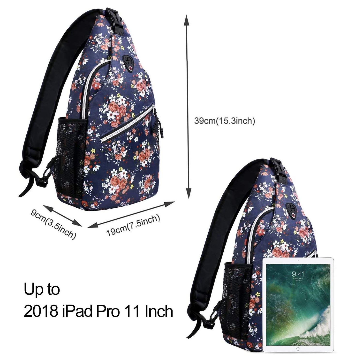 Mosiso Polyester Sling Bag Backpack Travel Hiking Outdoor Sport Crossbody Shoulder Bag Multipurpose Daypack for Women Men, Navy Blue Base Floral - image 3 of 6