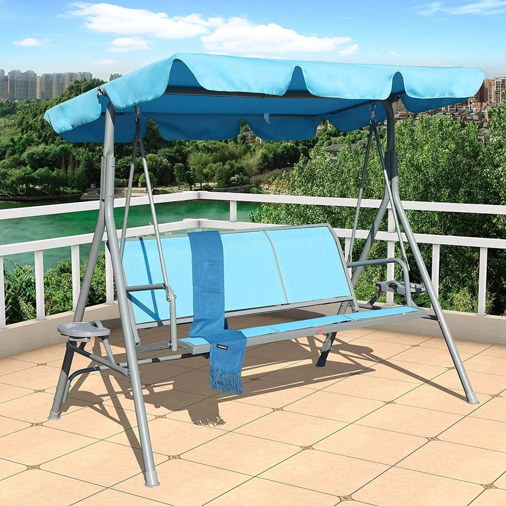 Kepooman 3 Person Outdoor Porch Swing Hammock Bench Chair with Adjustable Canopy for Patio, Garden, Poolside, Balcony, Blue Kepooman 3 Person Outdoor Porch Swing Hammock Bench Chair with Adjustable Canopy for Patio, Garden, Poolside, Balcony, Blue