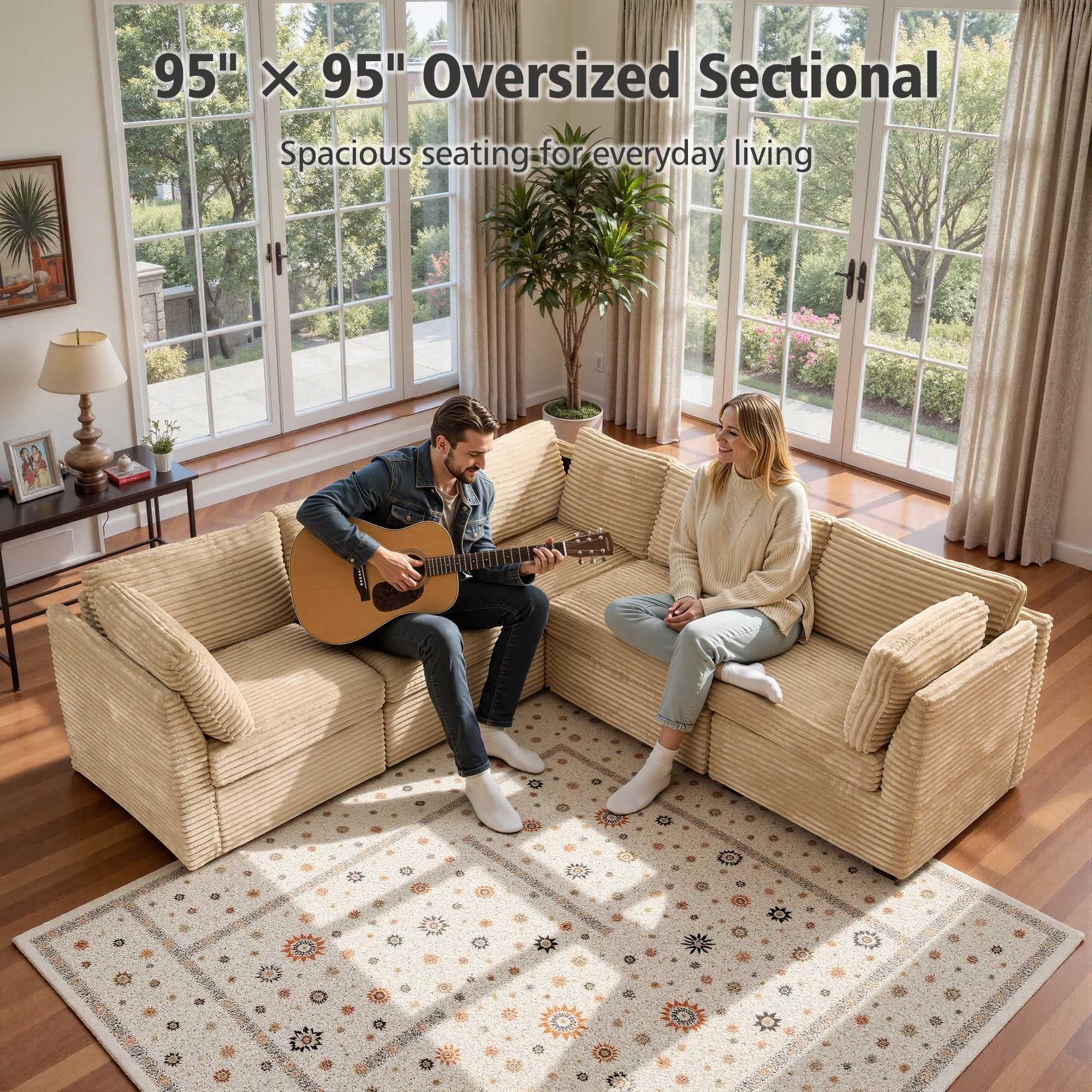 Ovios 95" Modular Sectional Sofa Deep Seat Cloud Couch with Chaise L-Shaped Corduroy Couch for Living Room, 5 Seat, Beige