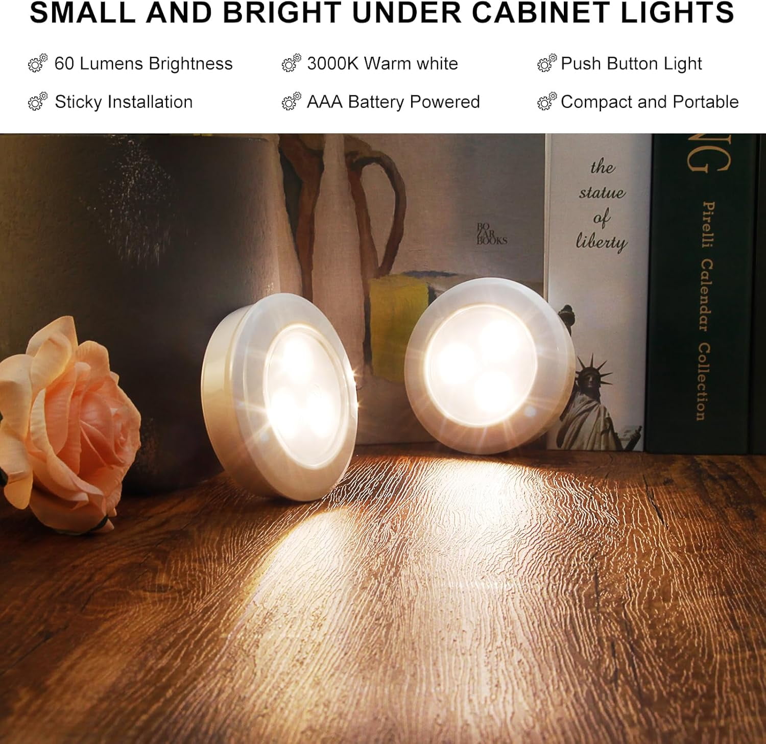 JJEAN-LED Puck Light, Ultra-Thin Touch Light, Battery Operated, Tap Lights, 60 Lumens, Stick on Lights, Under Cabinet Lighting, Ideal for Kitchen Cabinets, Closets, Garage and More, 3-Pack, White