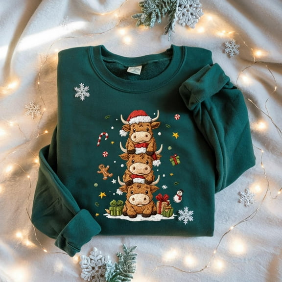 Highland Cow Embroidered Christmas Sweatshirt, Cute Holiday Farm Shirt, Santa Cow Lights Sweater, Cozy Country Christmas Gift