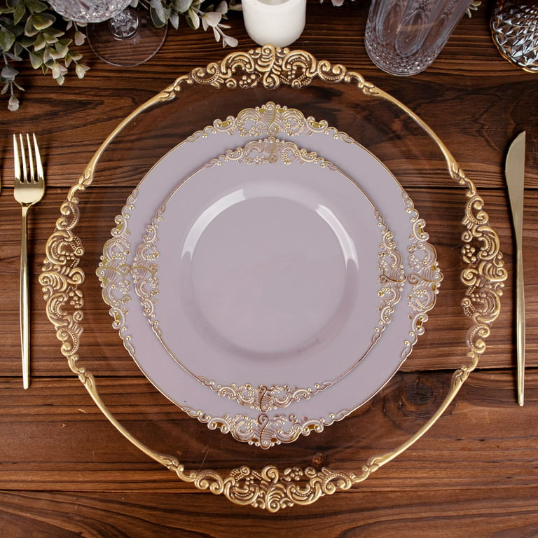 10 Pack Clear Hard Plastic Dinner Plates, Disposable Tableware, Baroque Heavy  Duty Plates With Gold Rim 11