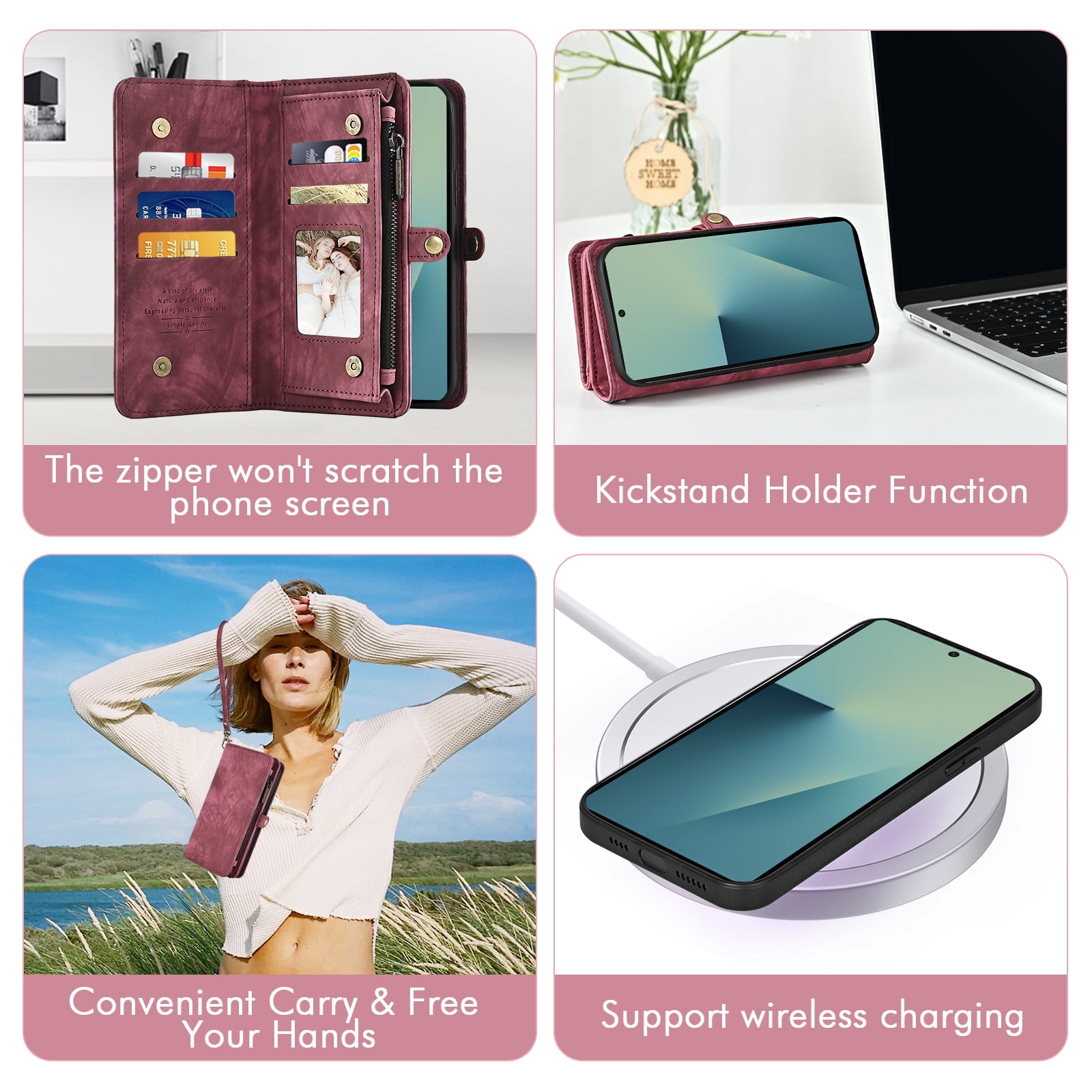 Asuwish Phone Case for Samsung Galaxy Z Fold 7 Zipper Wallet Detachable Cell Cover Crossbody Lanyard Strap Flip Card Holder ZFold Z7 G Fold7 7Z Women Girls Red