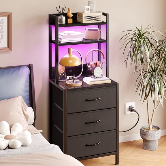 TOMNK 41" Nightstand with USB, LED Lights, Charging Station, 3 Fabric Drawers, Bedside Table, Black