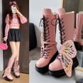 thumbnail image 6 of SACFOF Women Platform Punk Goth Mid Calf Boots Chunky High Heel Side Zip Butterfly Wings Knee High Motorcycle Combat Booties, 6 of 6