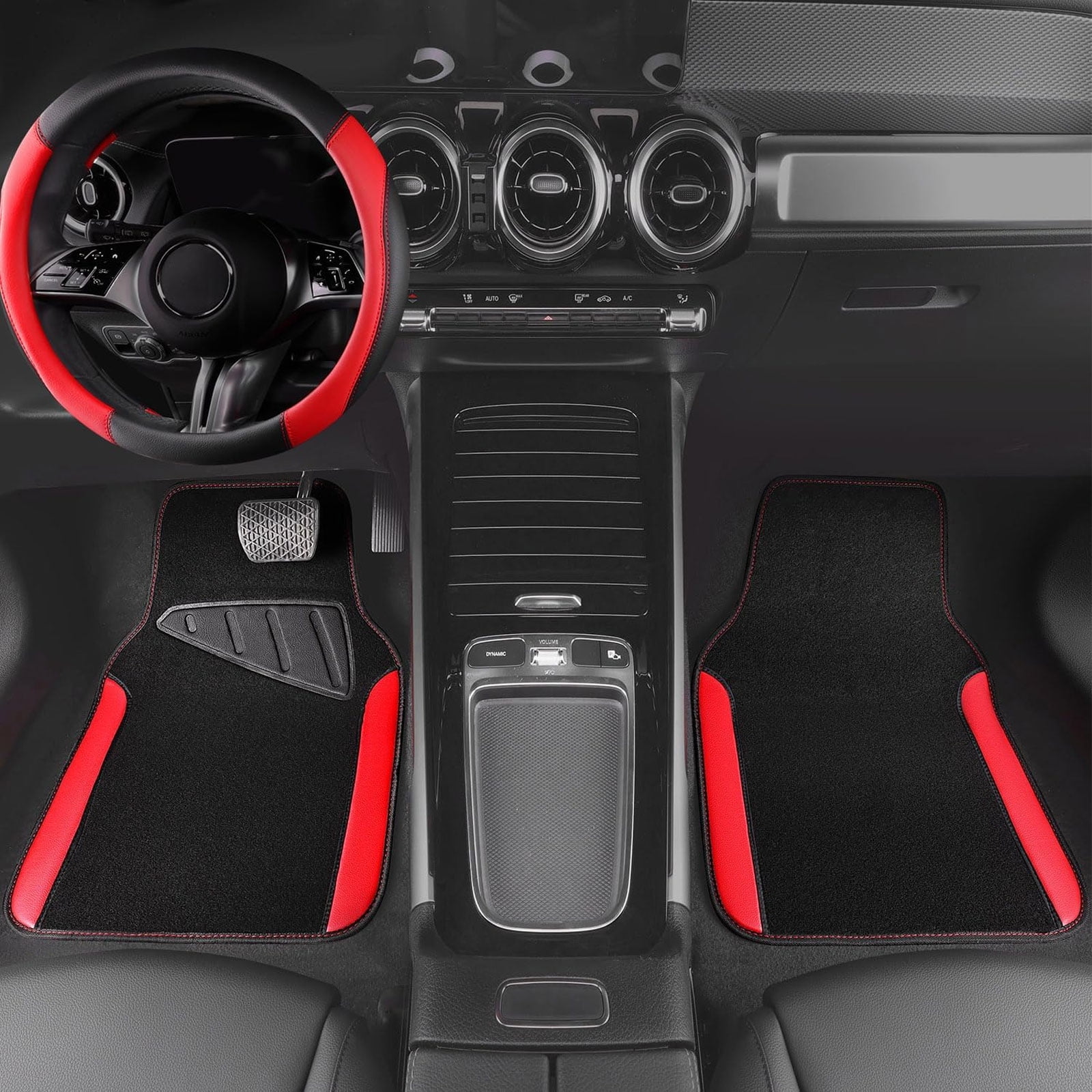 CAR GRAND Faux Leathercar Steering Wheel Cover Combo Pack Car Floor Mats, Universal Fit Waterproof Anti-slip Carpet 14.5-15 Inches Red & Black