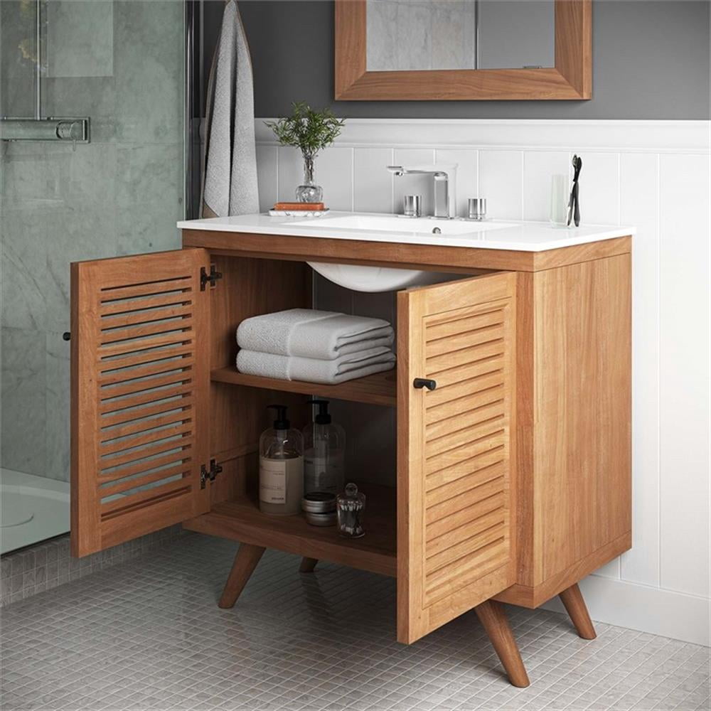 Modway 36" 2-Door Teak Wood Bathroom Vanity Cabinet in Natural