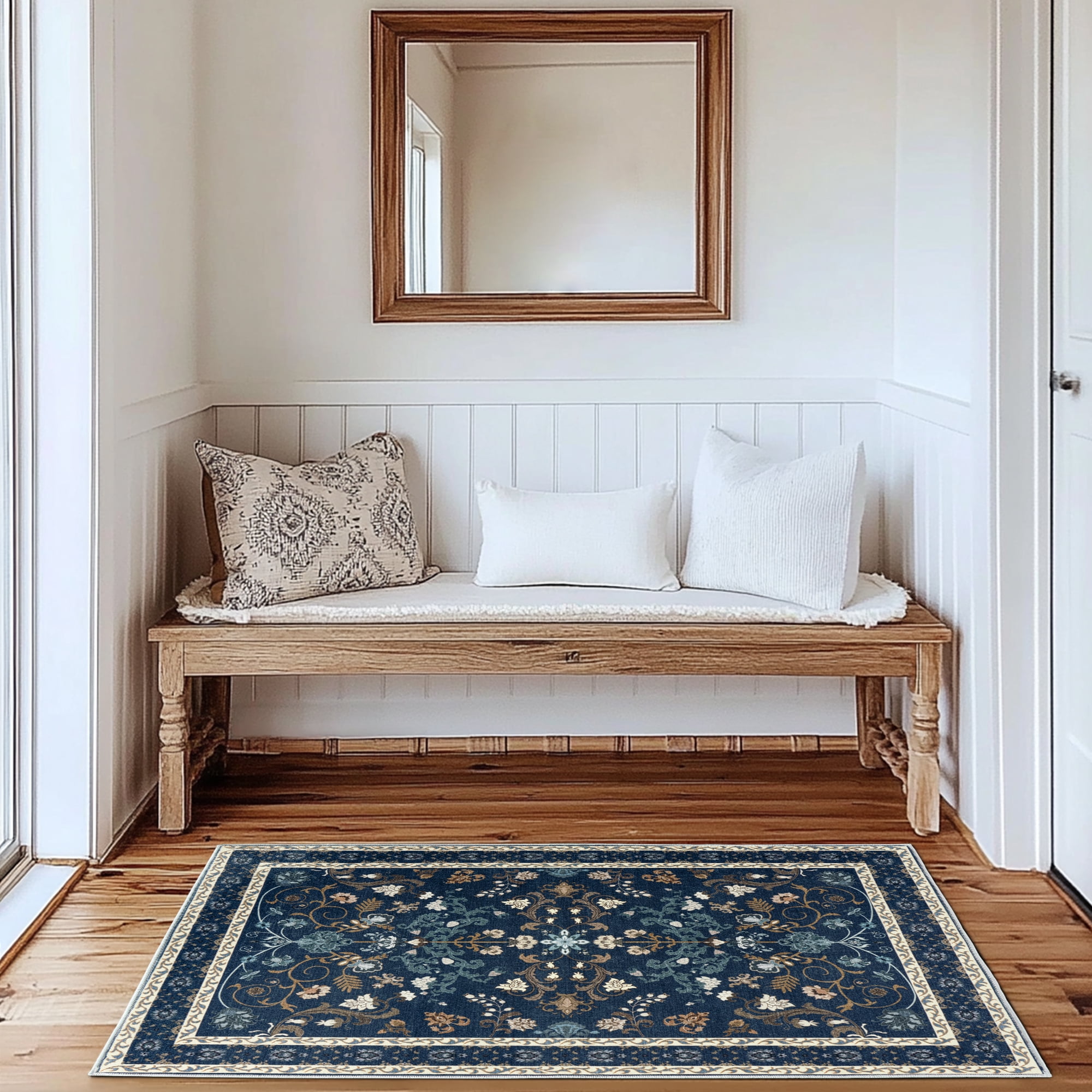 ZENELESS 2x3 Indoor Entryway Rug, Washable Non-Slip Carpet,Contemporary Traditional Printed Kitchen Mat,Dark Blue