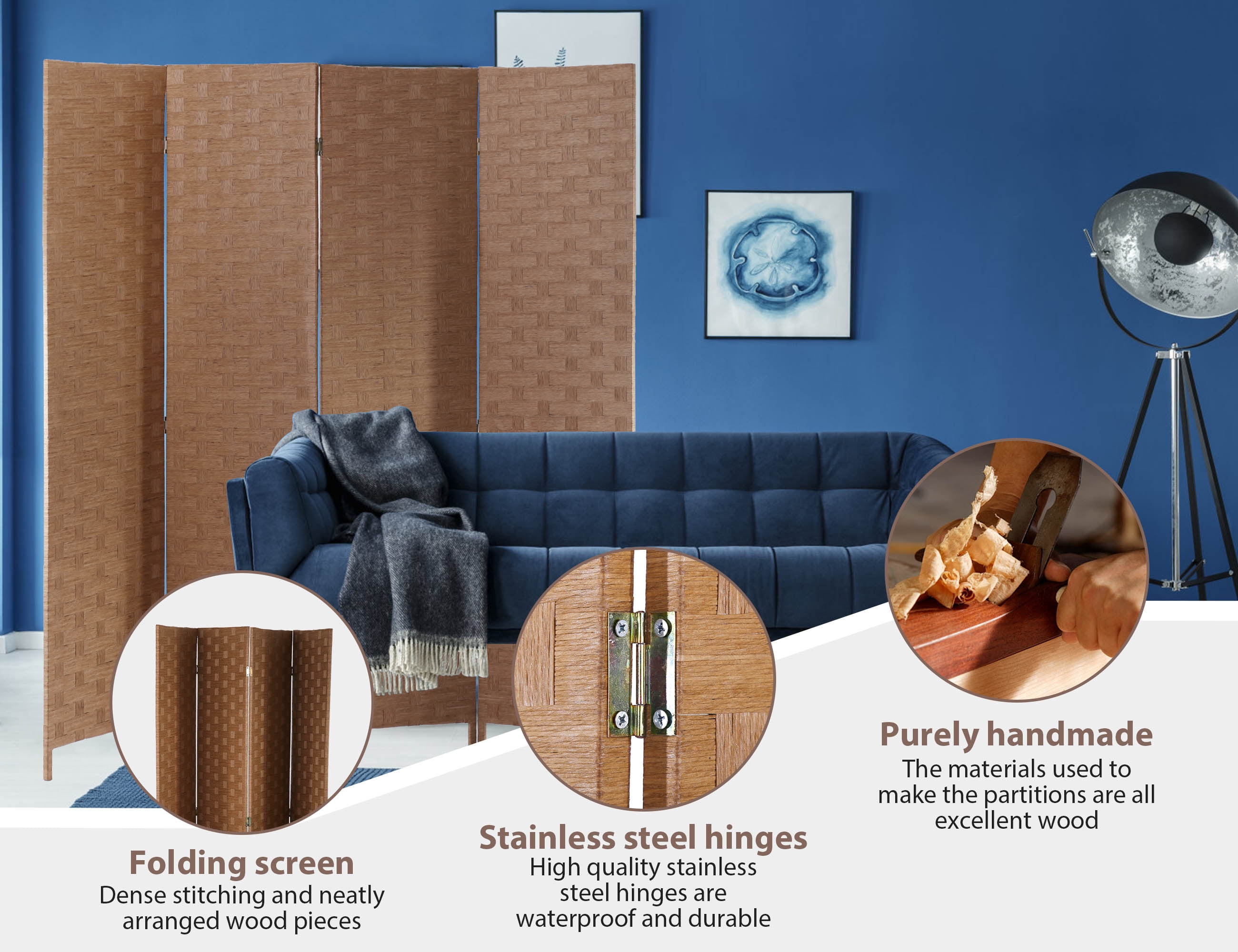 YRLLENSDAN Partition Room Dividers with 4 Panels, Wood Folding Privacy Screen for Room Portable Room Divider Screen Freestanding Decorative Privacy Dressing Screen for Bedroom, Living Room, Office