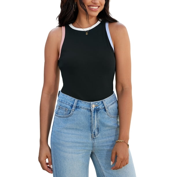 Camisetas casuales sin mangas de verano para mujer ATHLECHIC, con cuello redondo y bloques de color en negro, azul y rosa