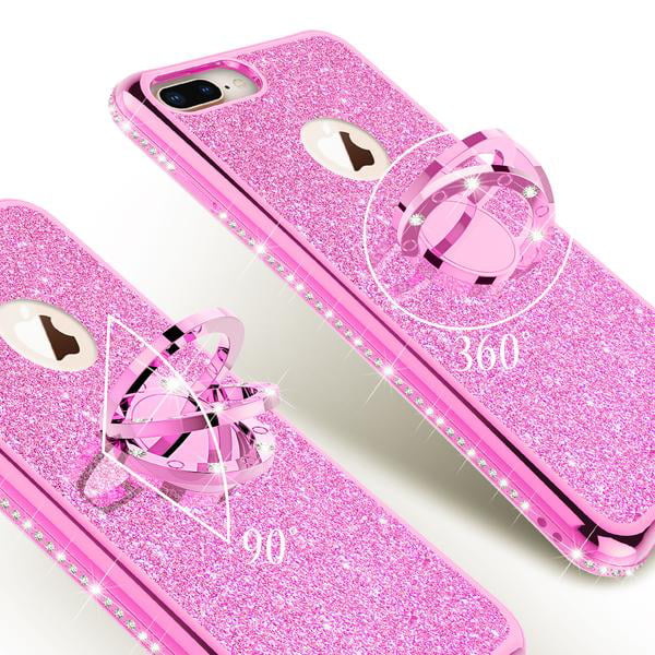 For Apple iPhone 8 Plus/7 Plus/6 6S Plus Pattern Design Bling Glitter  Hybrid with Ring Stand Pop Up Finger Holder Kickstand Phone Case Cover by