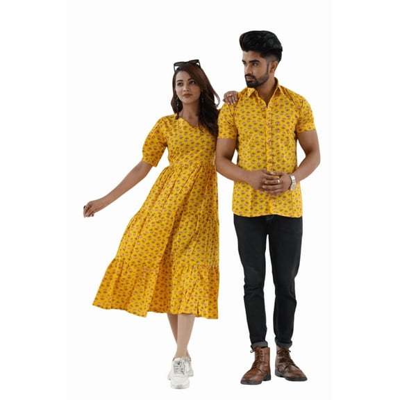 Matching Yellow Printed Cotton Couple Outfit – Women's Flared Dress & Men's Shirt Set – Festive & Casual Wear