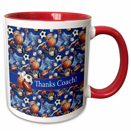 Thanks Coach Baseball 3dRose Thank you Coach, Baseballs, Footballs, Soccer, Gloves, Basketballs - Two Tone Red Mug, 11-ounce ()
