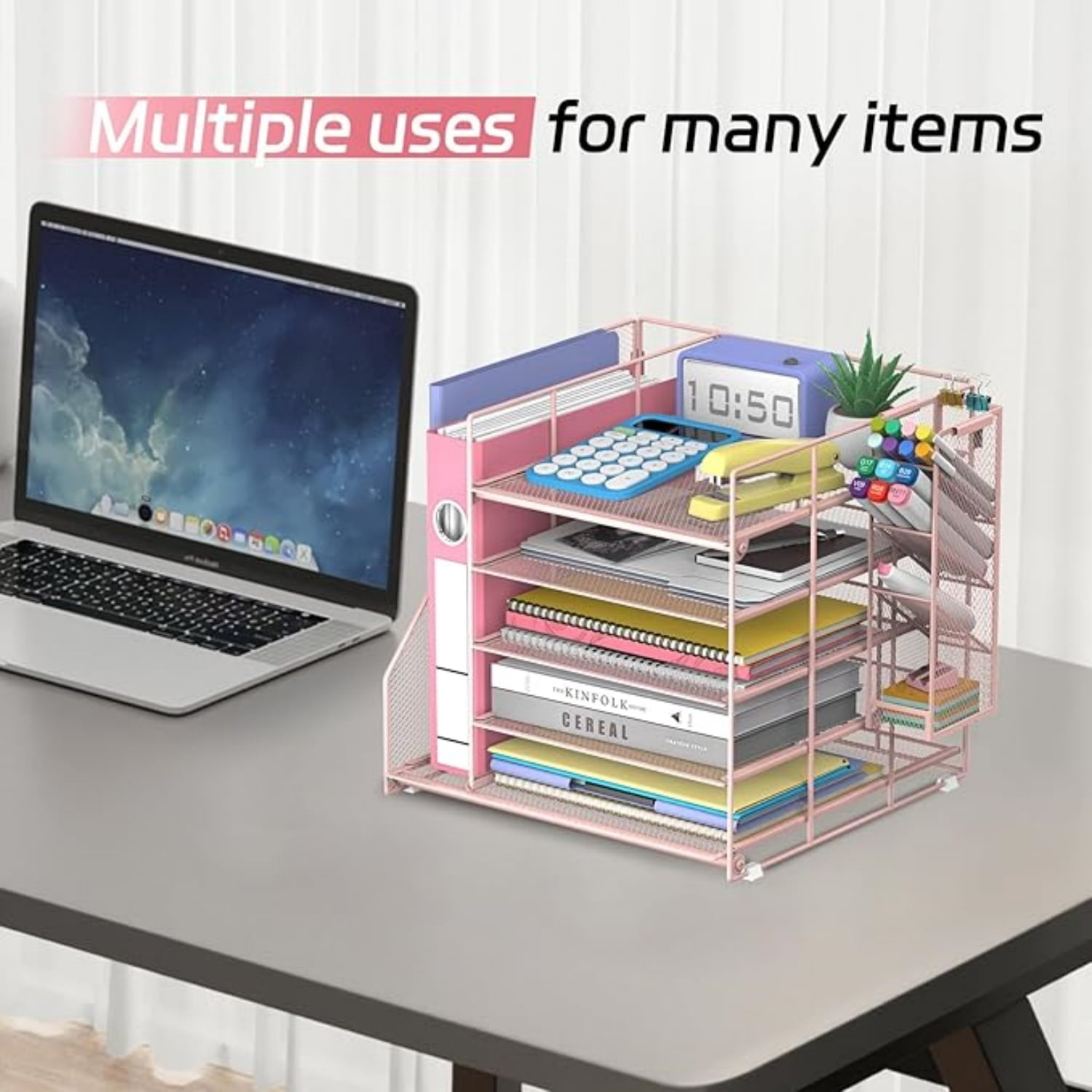INTIGE Desk Organizer and accessories, 5-Tier Paper Organizer for Desk with Pen Holder and Magazine Holder, Paper Letter Tray for Home, Office