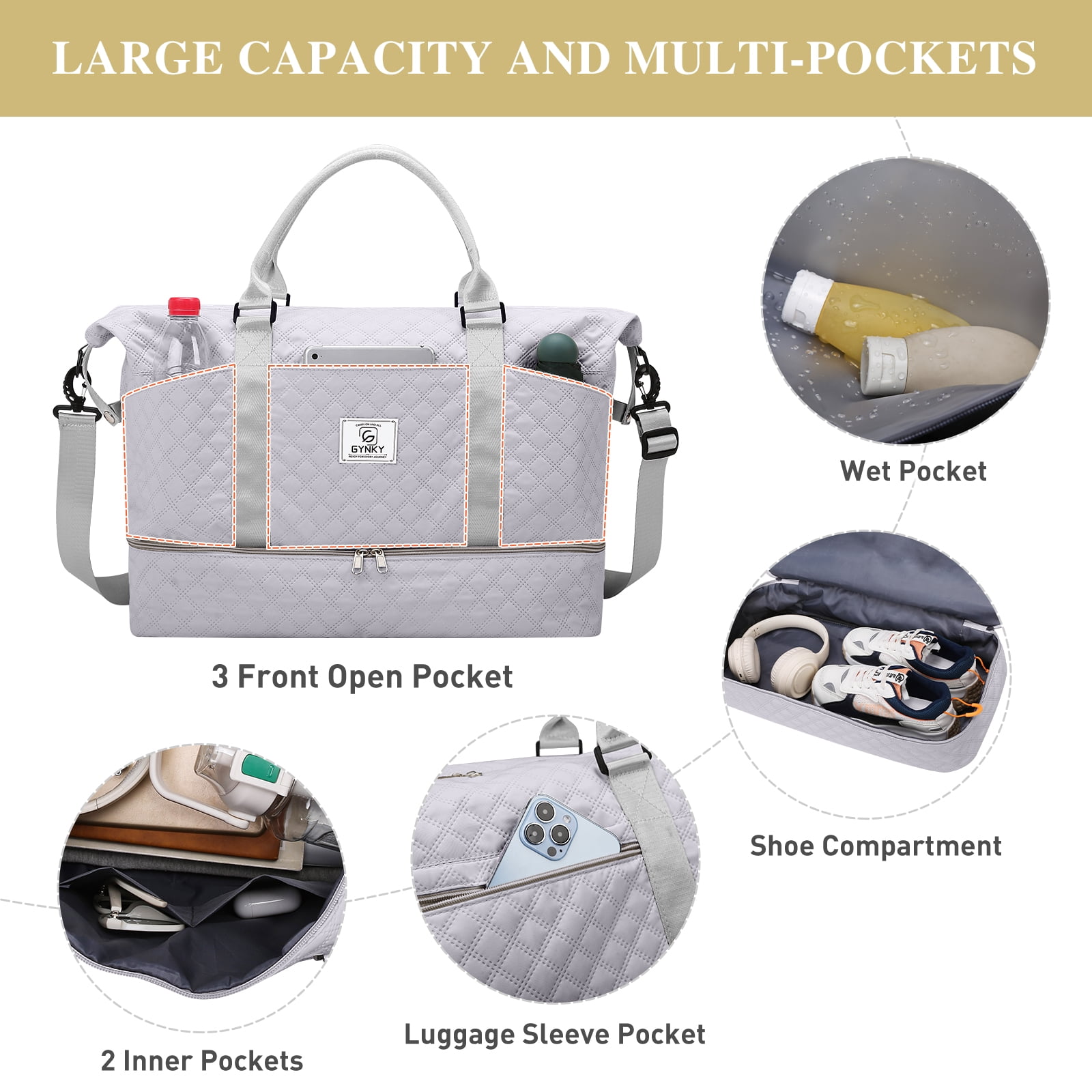 Gynky Travel Duffle Bag Weekender Bags for Women with Shoe Compartment Carry on Overnight Bag Gym Duffel Bag with Wet Pocket Hospital Bags for Labor and Delivery