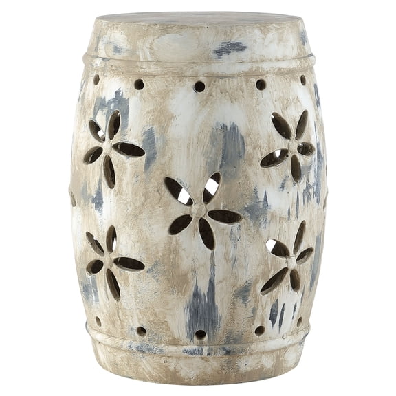 SAFAVIEH Ilia 19" Contemporary Floral Cement Garden Stool, Antiqued Cream