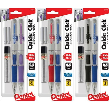 Pentel of America PD215LEBP2 Quick Click Mechanical with Lead & Eraser Pencil, Asstorted Colors - 0.5 (Best Mechanical Pencil Eraser)