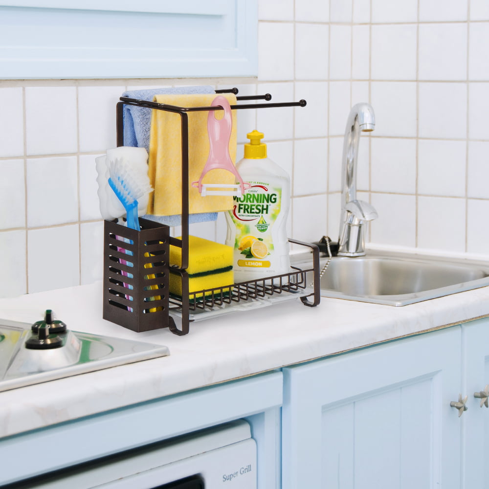 3-In-1 Sponge Holder for Kitchen Sink, 2 Suspension Options(Suction Cups &  Adhesive Hook), Hanging Sink Caddy Organizer Rack - Sponge, Dish Cloth