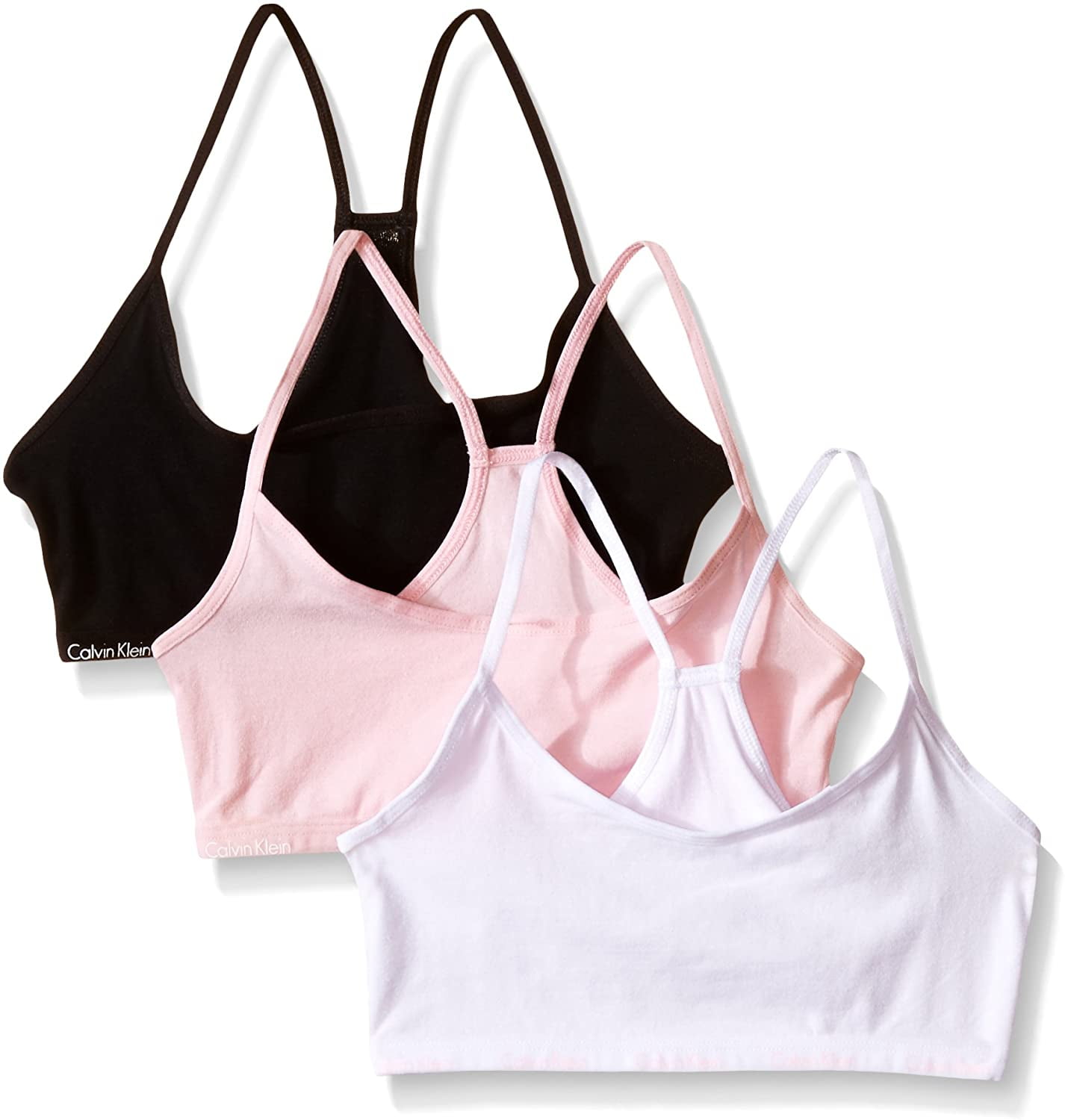 Calvin Klein Big Girls' 3 Pack Racerback Crop Bra, Pink/Black, Small