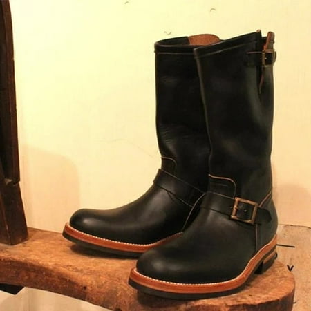 

ZXHACSJ Men s Leather Round Head Middle Top Cowhide Cowboy Boots Flat Bottomed Boots Black 45