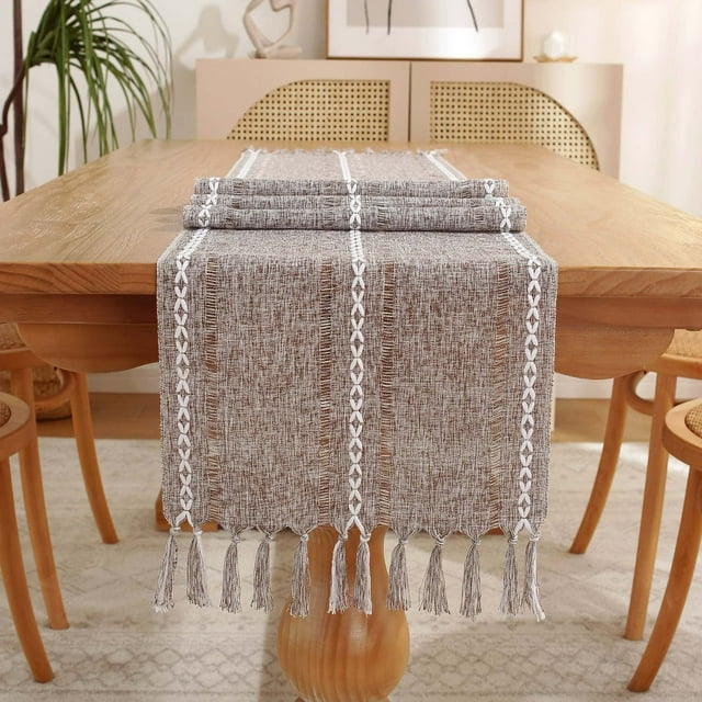 Farmhouse Table Runner Boho Style Linen 120 Inch Long, Handmade Rustic Table Runner with Tassels for Holiday Party Dining Room Kitchen,13x 120 inch Long Dresser Scarf,Brown