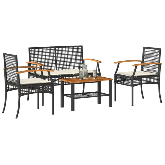 vidaXL 4 Piece Patio Lounge Set with Cushions Black Poly Rattan