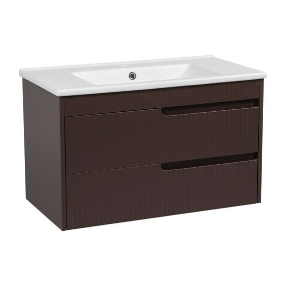Modern Wall-Mounted Bathroom Vanity with Washbasin | Judi Brown Matte Collection | Non-Toxic Fire-Resistant MDF-32"-No Mirror