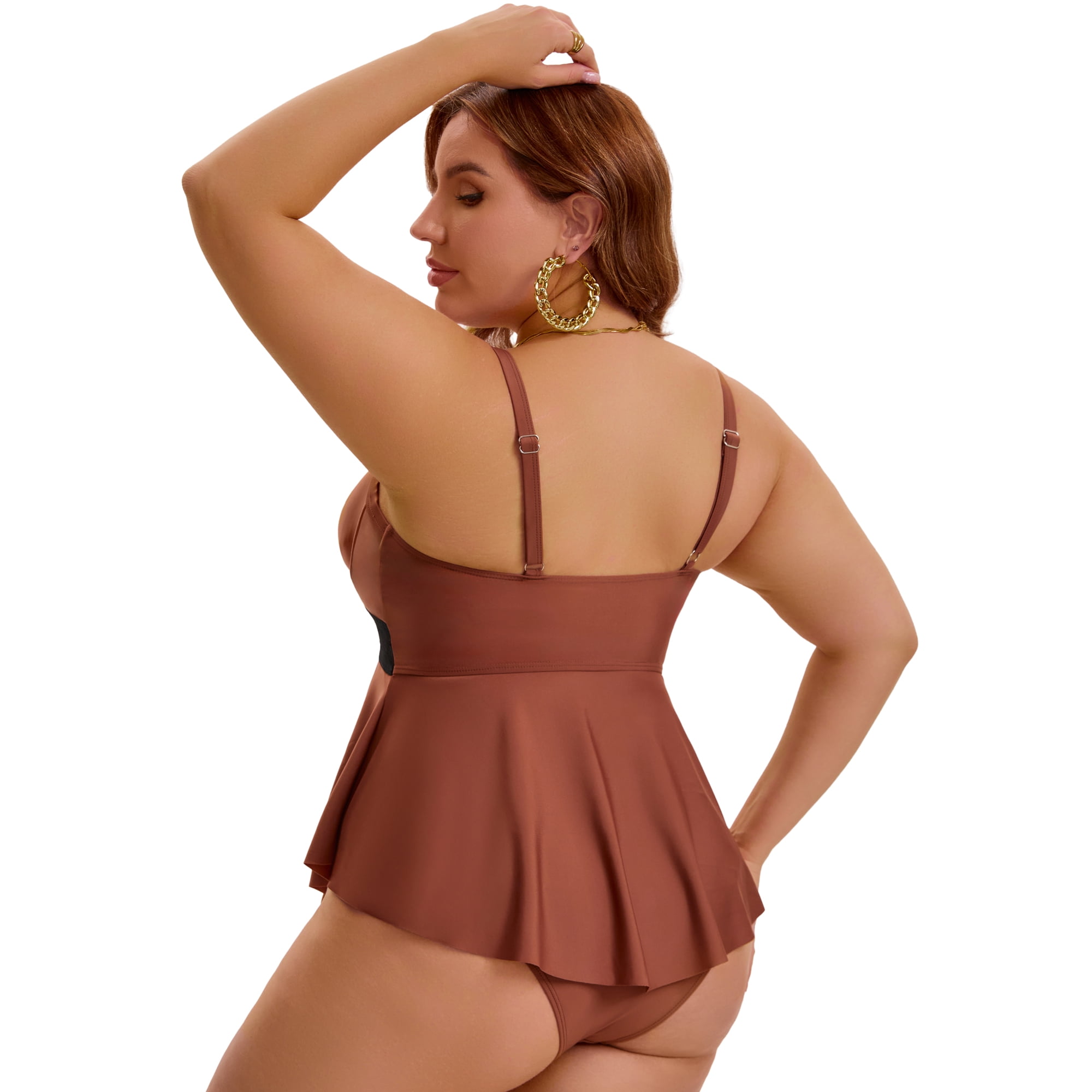 DARING DIVA Women's Plus 2pcs Swimsuit Tankini and Shorts Tummy Control L Coffee