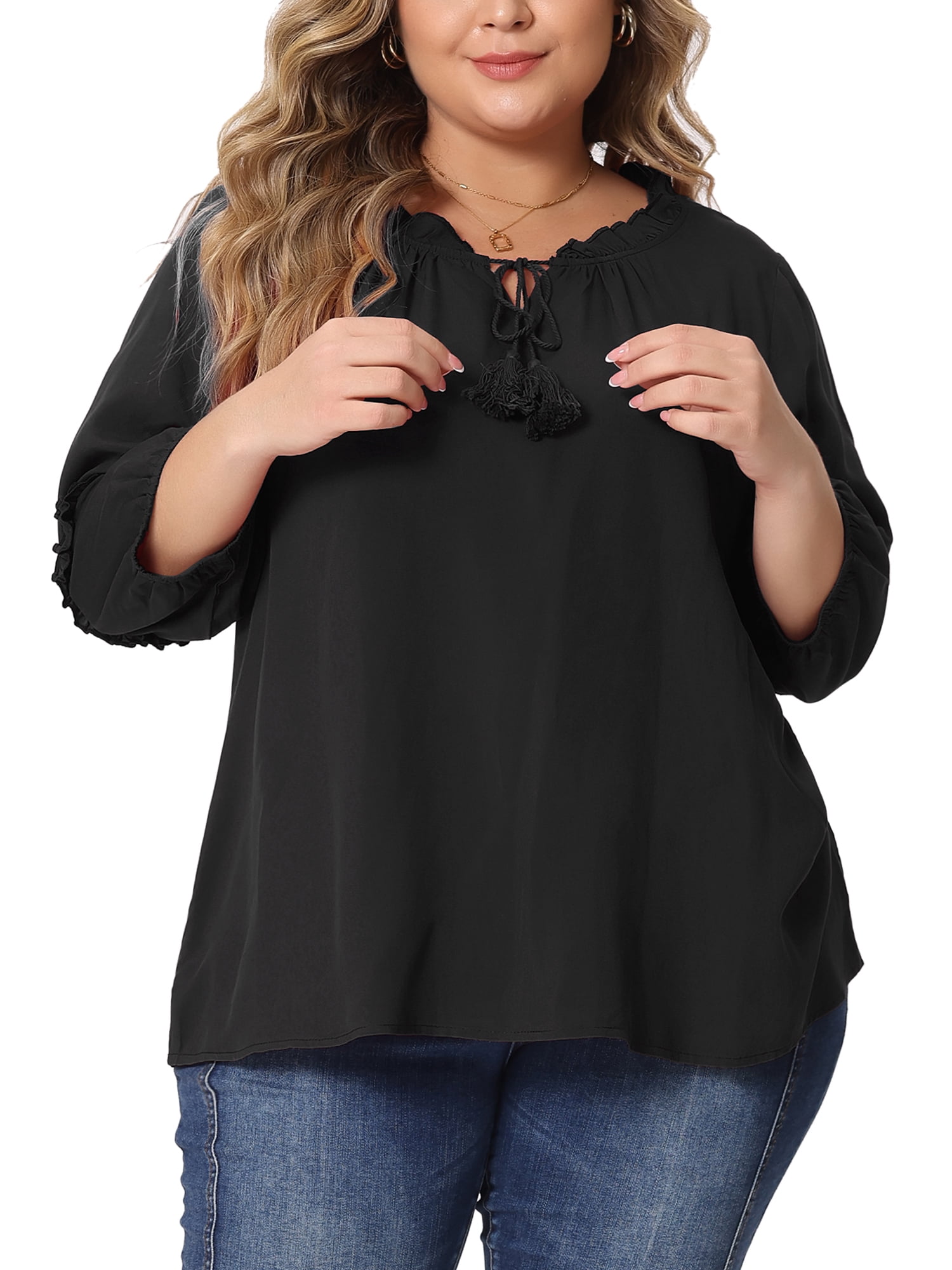 Women's Plus Tops Tie Neck Tassel Self Flutter 3/4 Sleeve Blouses Tops 4X Black