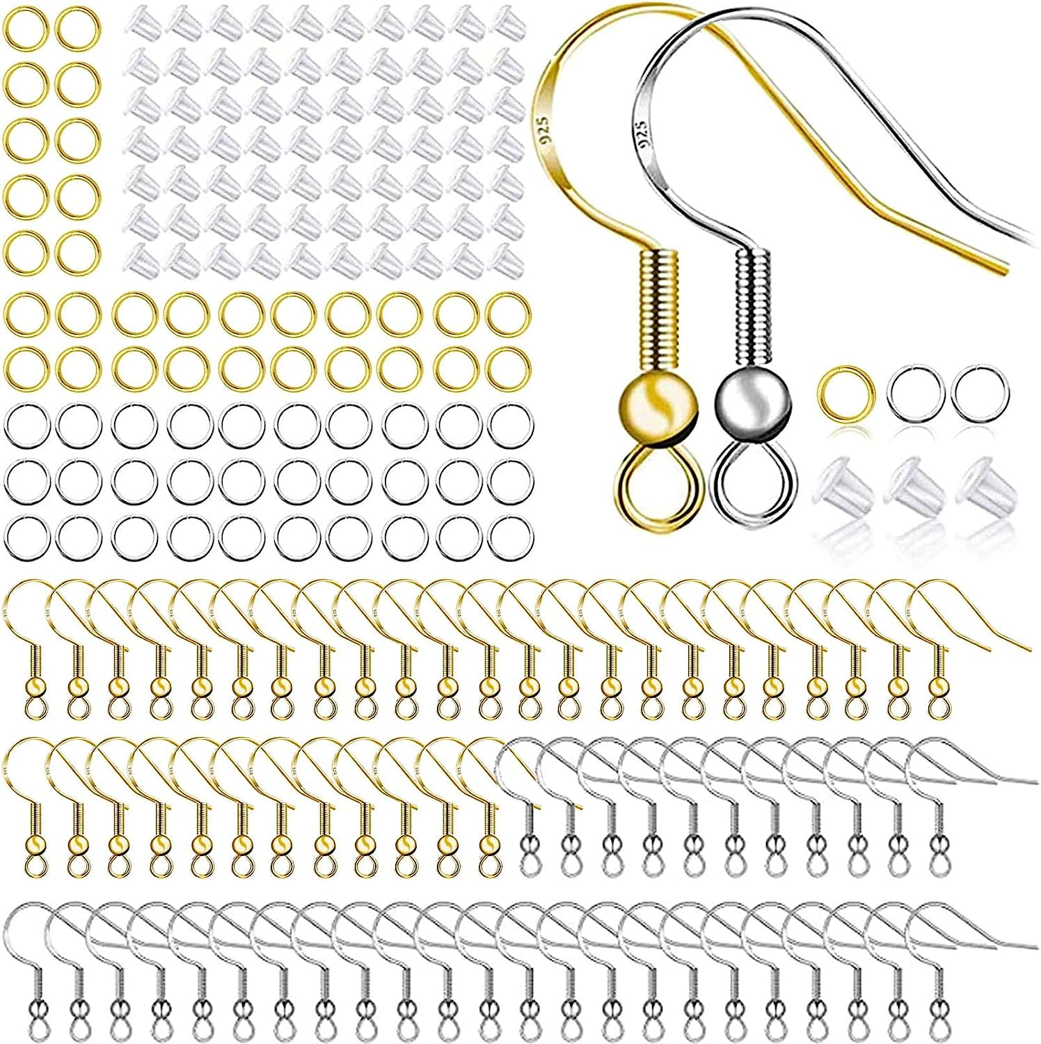  100 PCS/50 Pairs Earring Hooks, 925 Silver/Gold-Plated  Hypoallergenic Earring Hooks for Jewelry Making, 300 PCS Upgrade Earring  Making kit, Earring Making Supplies with Earring Backs and Jump Rings