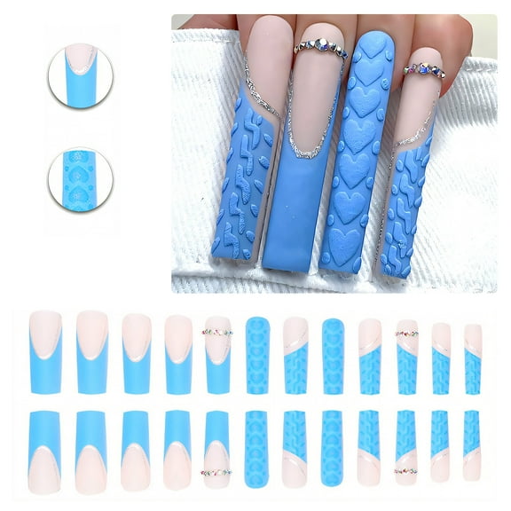 RAGUPEL 24Pcs Glue on Nails for Women,Silver Sequins Press on Nails Square,3D Heart Full Cover Nail Tips,Long Nails for Party,Daily Life,Taking Pictures,Dating,Style1