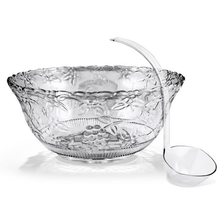 Premium Plastic Punch Bowl with Ladle, Fancy Disposable Punch Bowls for Parties, Holidays, Schools, Halloween, and More, Quality Glass Like Appearance, Large Punch Bowl with Ladle Set