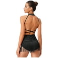 thumbnail image 3 of YiZYiF Womens Sparkle Latin Dance Leotard Tassel Skirt Halter Backless Bodysuit Cha Cha Rumba Shows Black L, 3 of 6