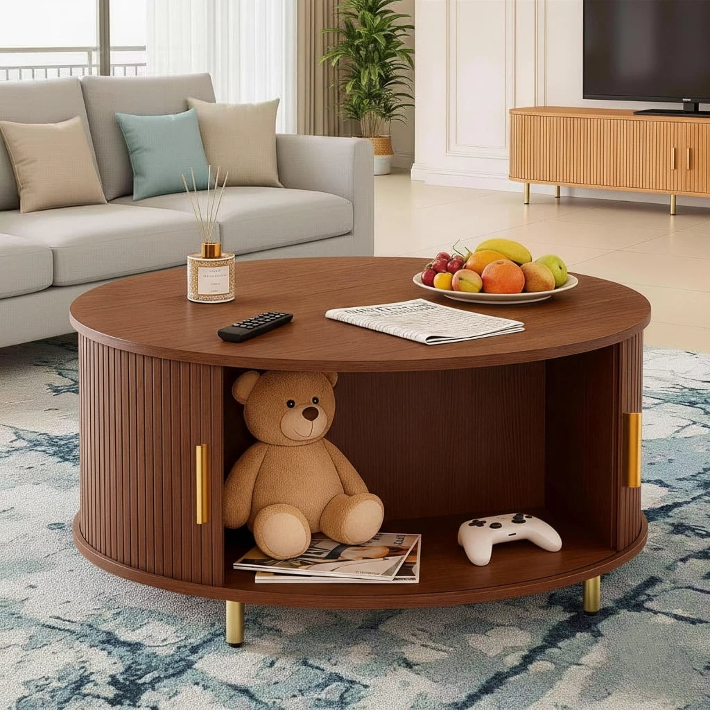 Aisword Round Coffee Table with 360° Sliding Door, Fluted Accent Storage Coffee Table with Adjustable Footpads for Living Room, Walnut