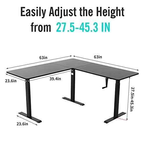 UNICOO® L Shaped Crank Height Adjustable Standing Desk, Sit to Stand up Corner Desk, L-Shaped Standing Workstation (Black Frame/Black Top - L Shape Crank)