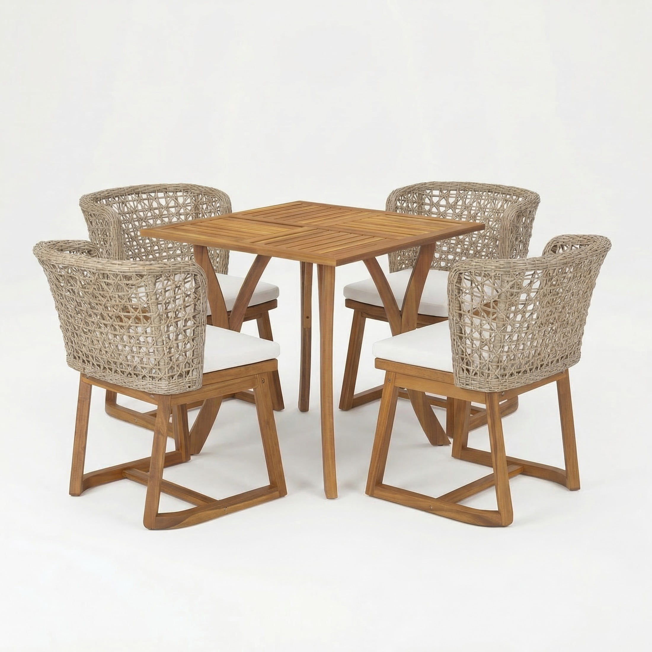 Christopher Knight Home 5-Piece Boho Wicker Outdoor Dining Set with Beige Cushions, Teak Finish
