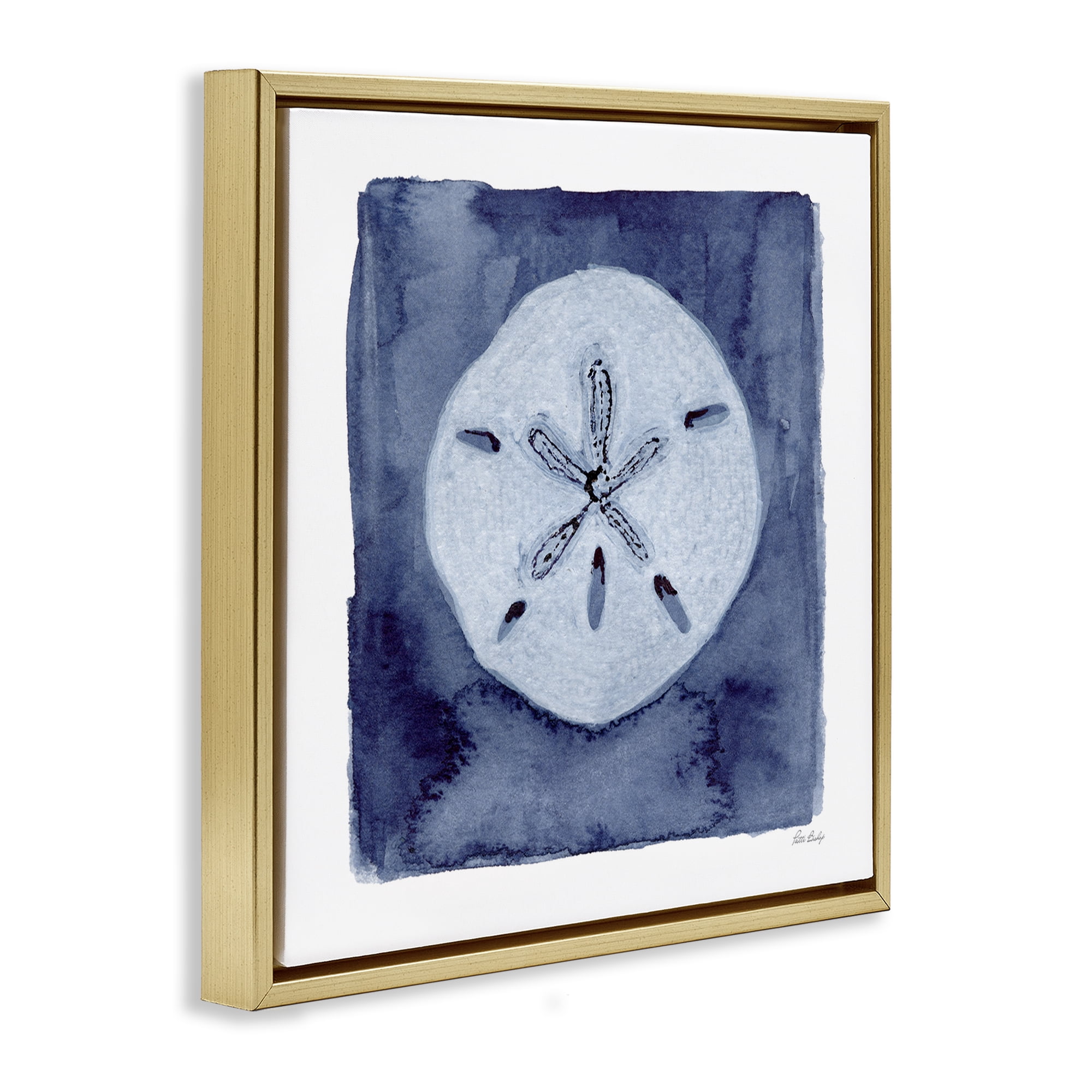 Stupell Industries White Sand Dollar on Indigo Gold Framed Floater Canvas Wall Art, design by Patti Bishop