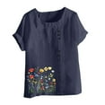 thumbnail image 6 of QIUOMBBP Summer Linen Shirts for Women Short Sleeve Plus Size Crew Neck Floral Print Tops Loose Lightweight Comfy Loungewear Navy XL, 6 of 6