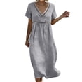 thumbnail image 3 of Summer Fashion Dresses for Womens 2026 Plus Size Cotton And Linen Solid Color Dress Short Sleeved V-neck Lace Trimmed Loose Casual Summer Beach Dress, 3 of 9
