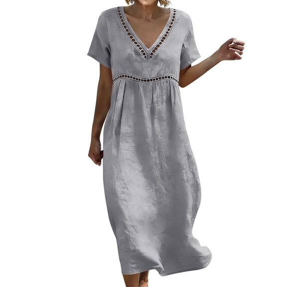 Admvng Womens Dress Linen Short Sleeve V Neck Lace Trim Casual Summer Beach Dress