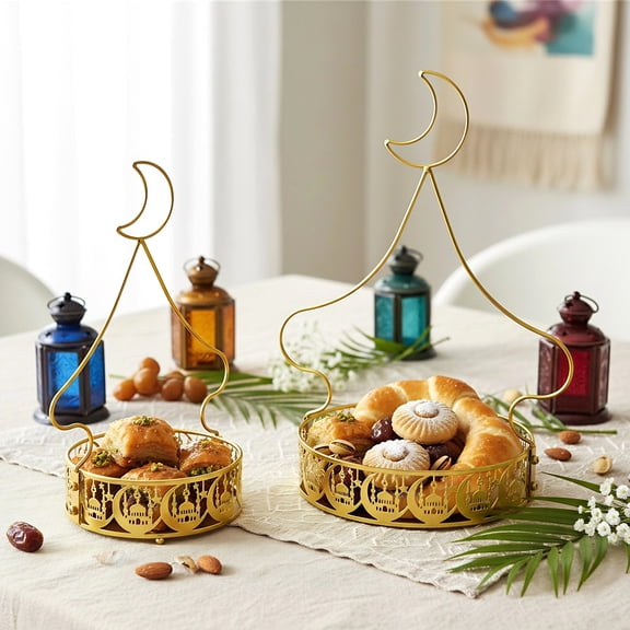 2PCS Eid Serving Tray Ramadan Fruit Tray with Crescent Moon Metal Snack Dessert Holder with Handle Food Plate Round Eid Serving Platter for Living Room Party Supplies Gold