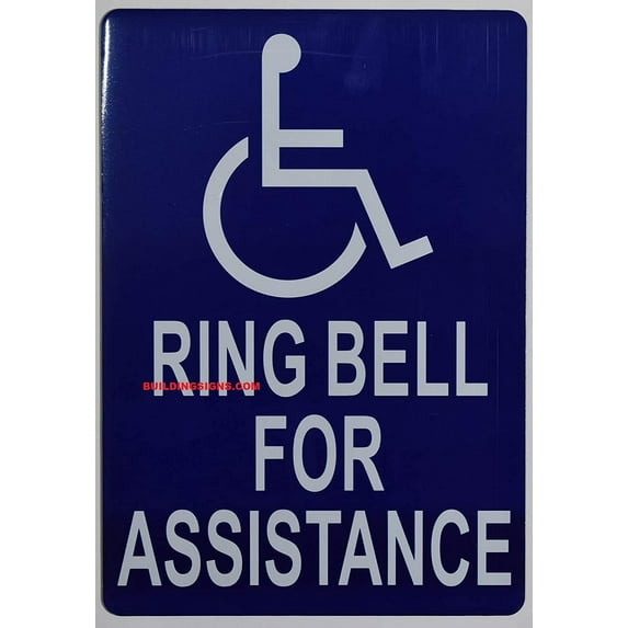 Ring Bell for Assistance with Symbol Sign (Blue, Aluminum, 7x10, Double Sided Tape)-The Pour Tous Blue LINE