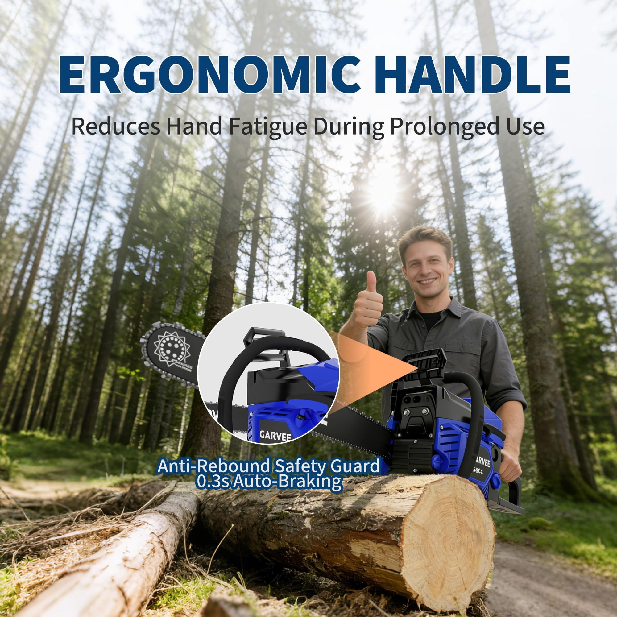58cc Gas Chainsaw, 2-Stroke Engine, 2.5 kW Power, Quick Start, Chain Brake, Anti-Vibration, Non-Slip Handle, 3.4 HP, Blue