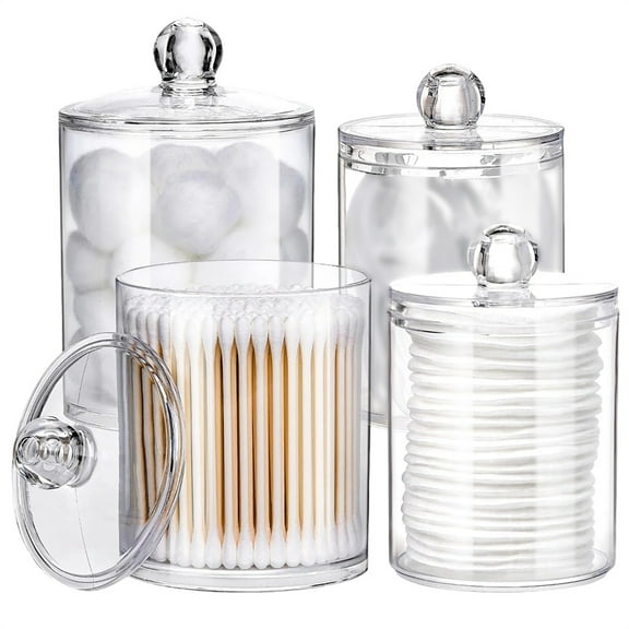 4PCS Cotton Swab Holder Dispenser Cotton Round Pads, Clear Plastic Jar Set for Bathroom Makeup Organizer
